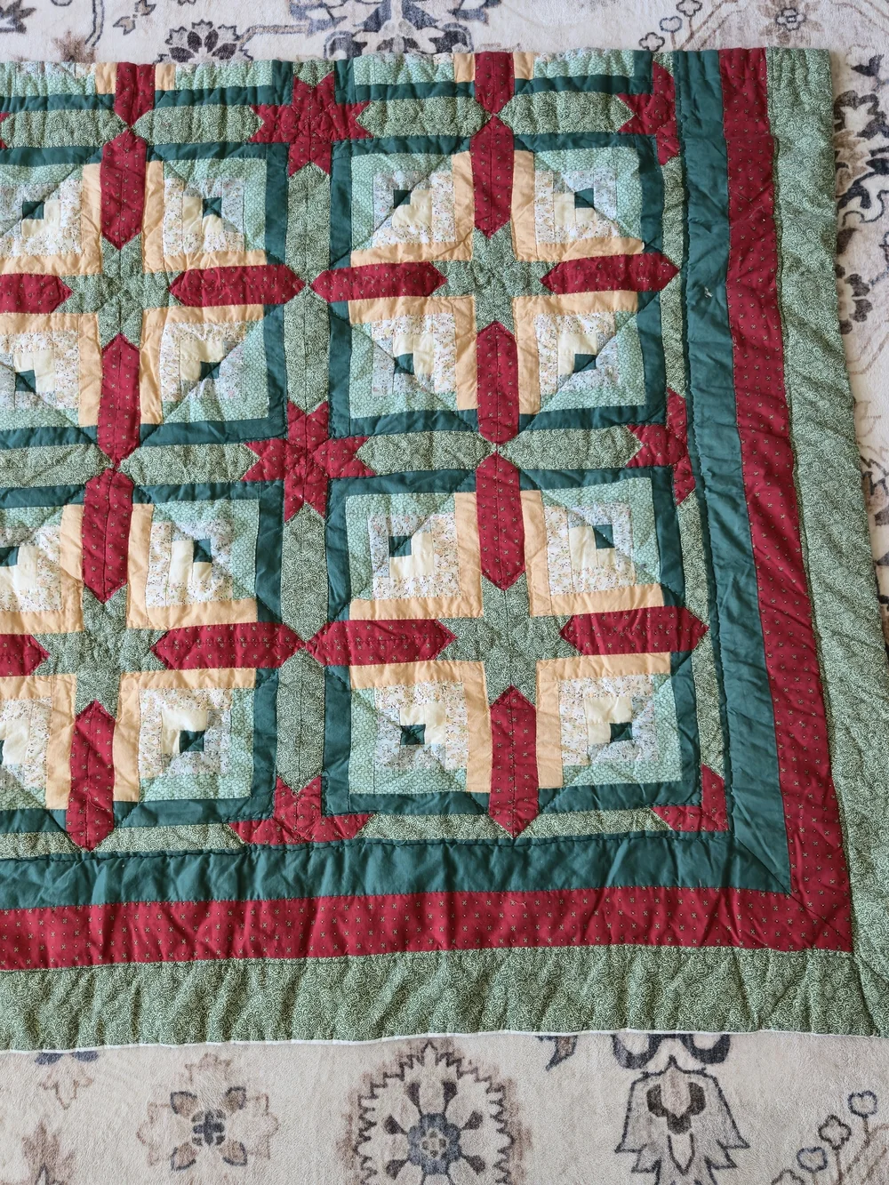 Vintage Quilted Christmas Curtain Panels Set 39x43 Patchwork Log Cabin Star Red